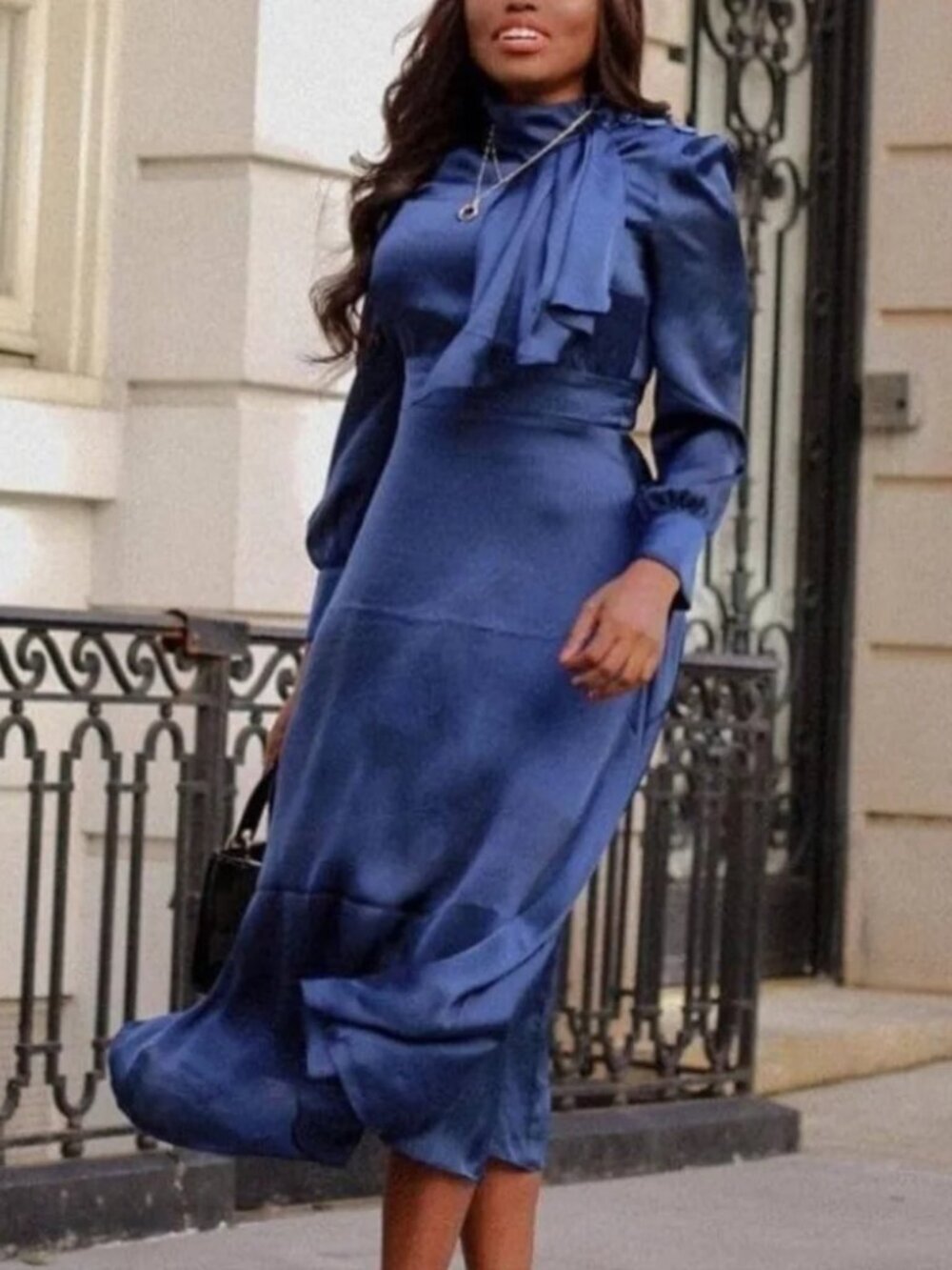 Alexia Admor Brooklyn Dress Midi Satin Long Sleeve Mock Draped Tie Flare Blue 6